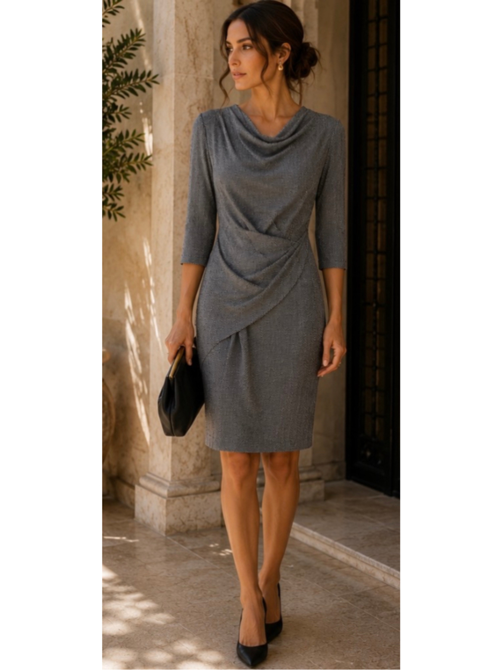 Max Mara Midi Dress Size XSGrey Black Herringbone Cowl Neck New w/o Tag Classic